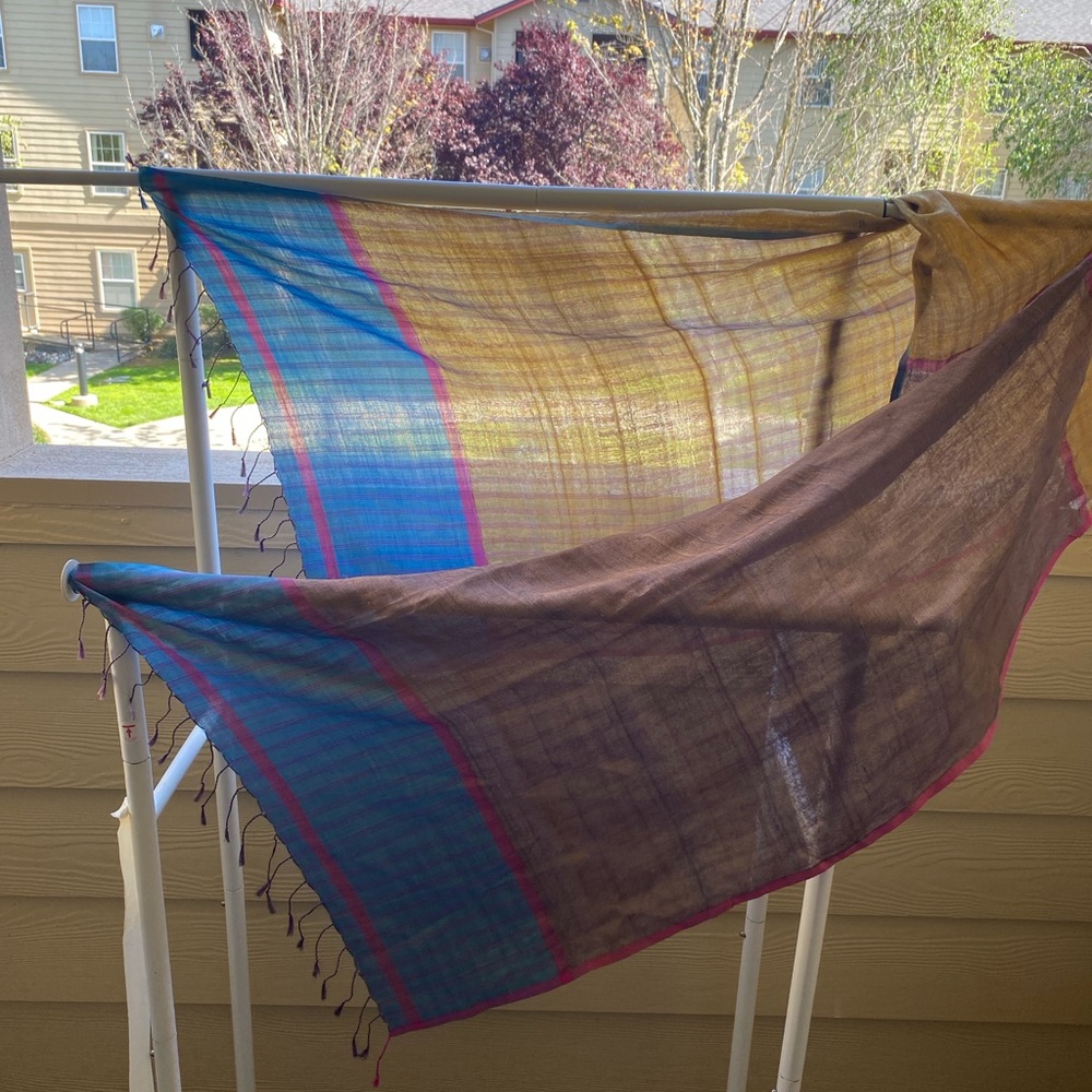 Handwoven Silk Scarf / Wrap in Gold, Purple , Blue & Pink - Picture 4 of 9